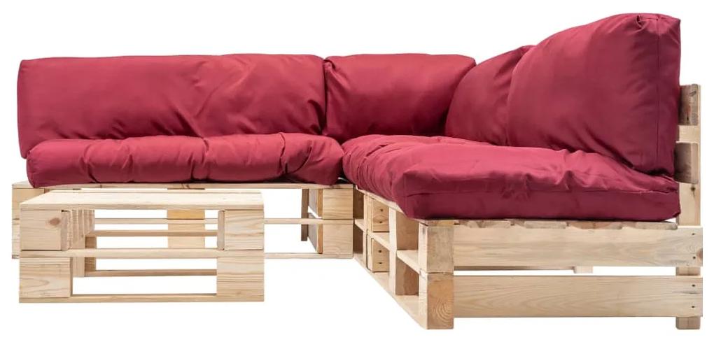 Set divani da giardino pallet 4 pz con cuscini rossi in legno