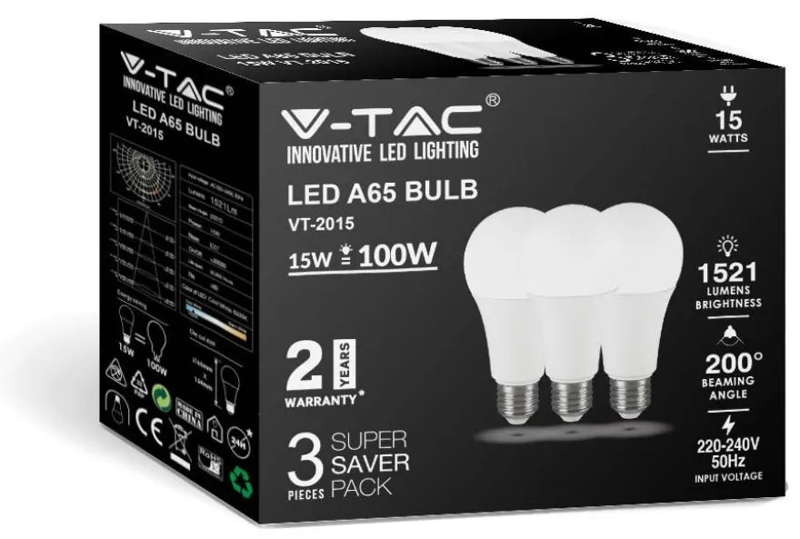 V-Tac Set 3 Lampadine LED E27 15W A65 6500K Luce Fredda