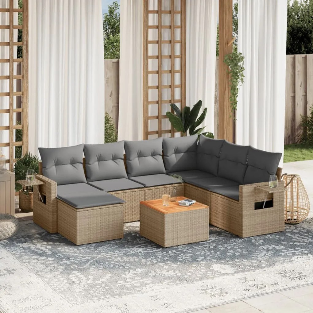 Set divano da giardino 8 pz con cuscini beige in polyrattan