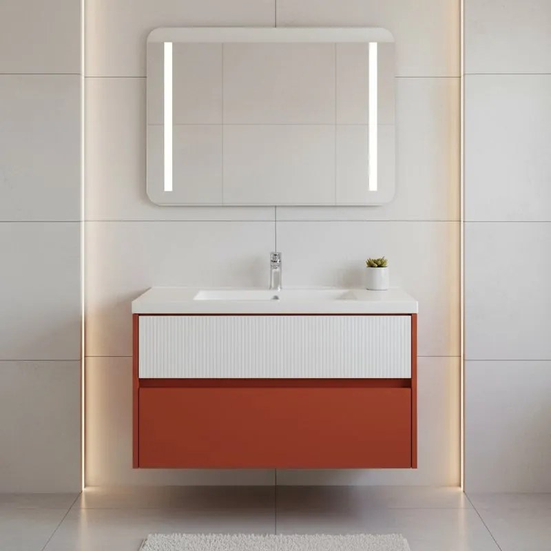 Mobile da bagno sospeso sotto lavabo Niwa 2 cassetti L 89.5 x H 50 x P 45.5 cm paprika e bianco cannettato