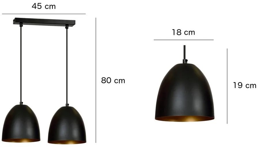 Lampadario 2 Luci Lenox In Acciaio Nero Con Cupole In Nero E Oro