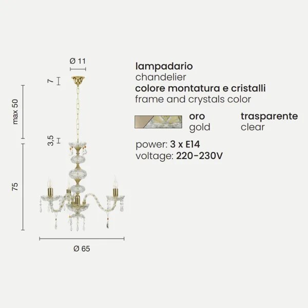 Lampadario sospeso DALLAS in cristallo D65 cm con finiture oro da 3 luci
