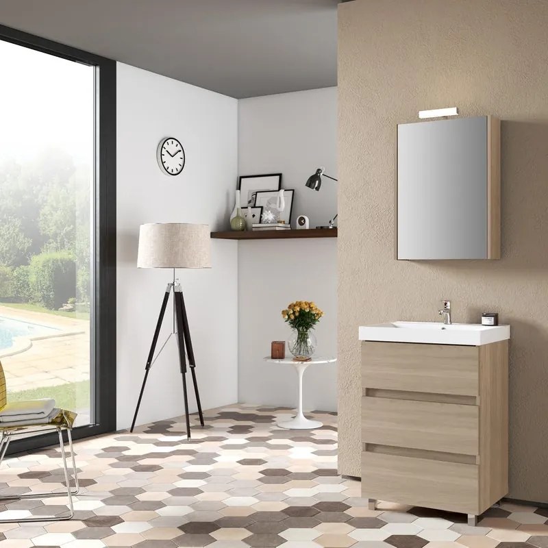Mobile bagno con lavabo L 60 x H 89 x P 46 cm olmo rousseau 3 cassetti per vasca centrale Kora