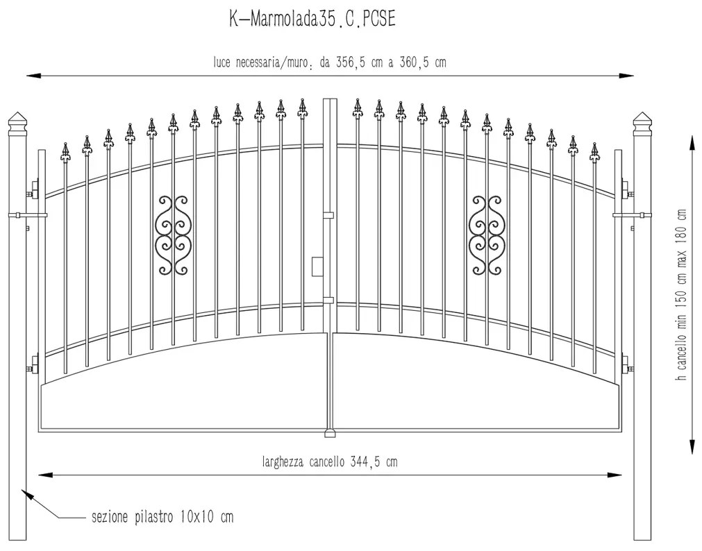 Cancello manuale con serratura elettrica Marmolada in ferro, apertura centrale, L 358.5, H 165-195 cm, di colore ruggine
