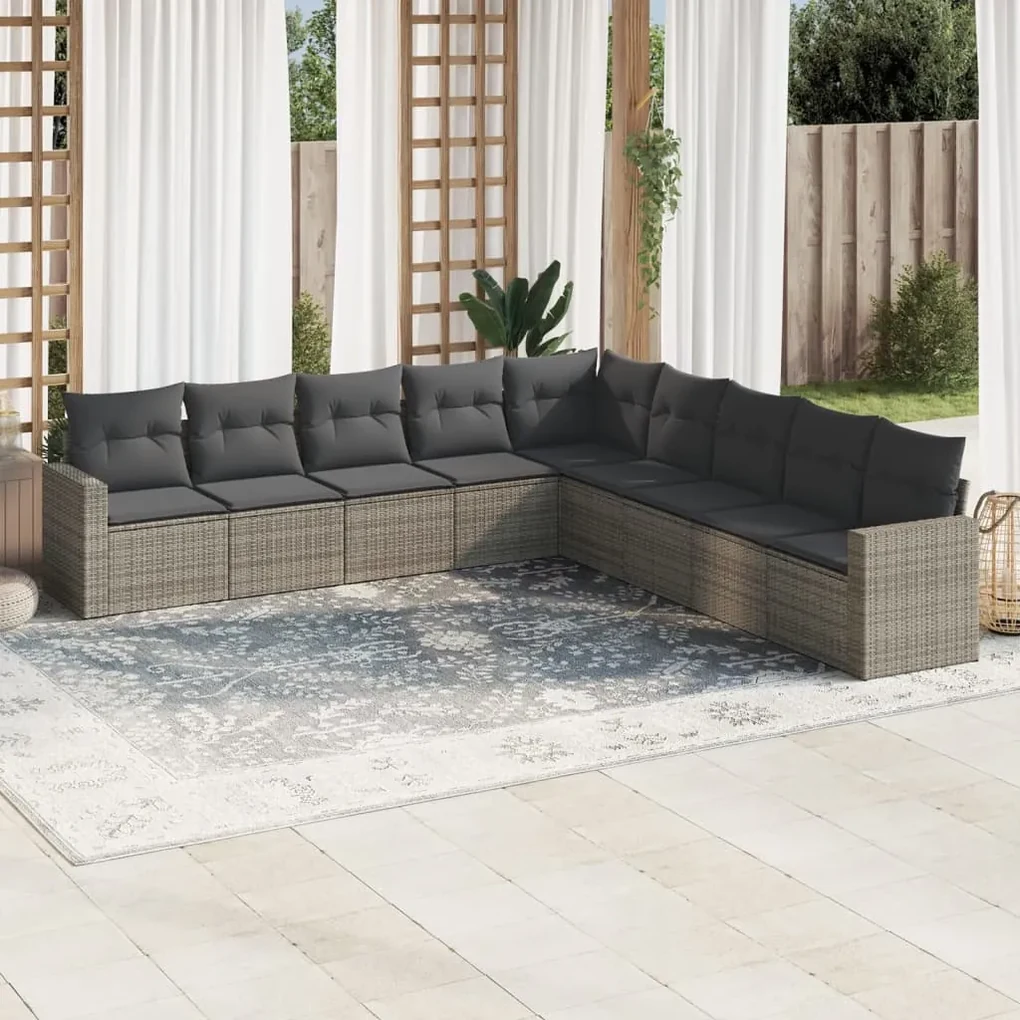 Set divano da giardino 9 pz con cuscini grigio in polyrattan