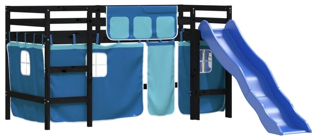 Letto a soppalco con tende bambini blu 90x200 cm massello pino