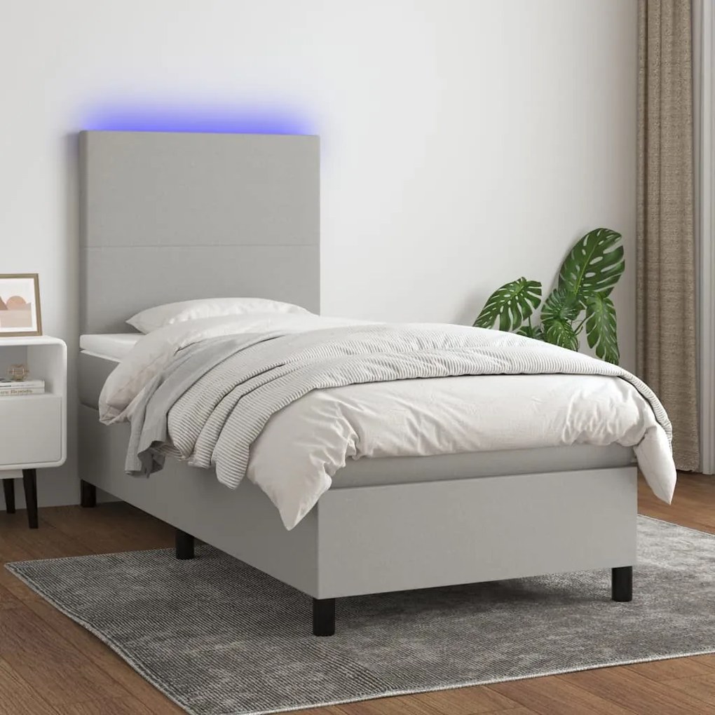 Letto a molle materasso e led grigio chiaro 80x200 cm tessuto