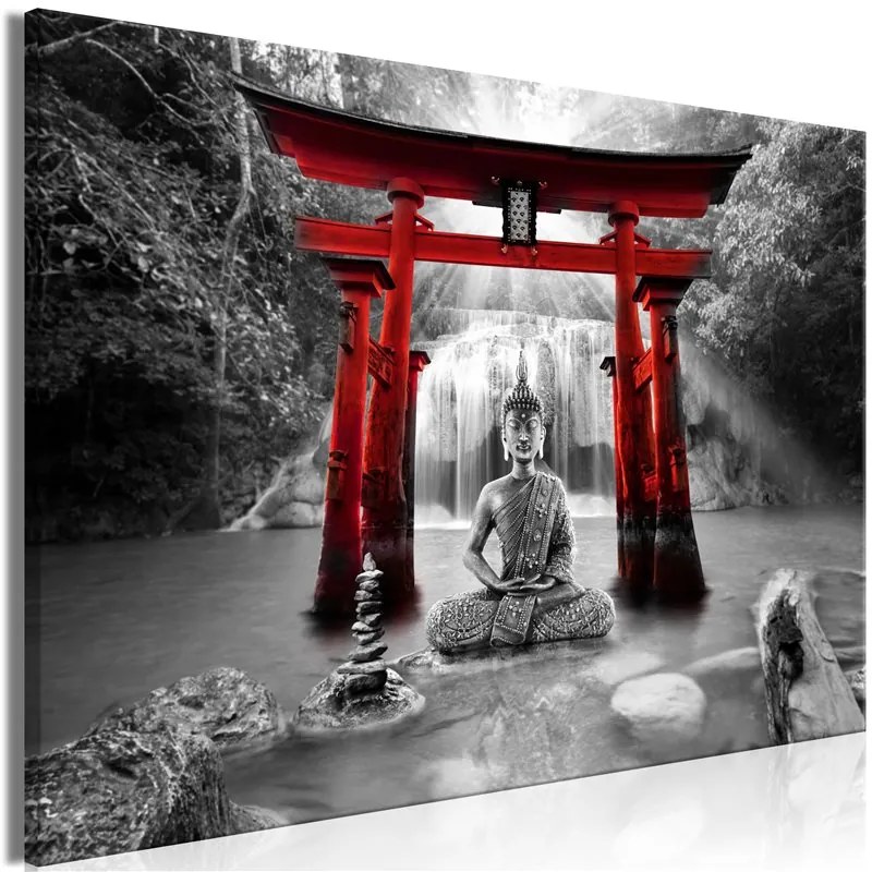 Quadro Buddha Smile (1 Part) Wide Red  Colore Rosso, Dimensioni e Misure 120x80