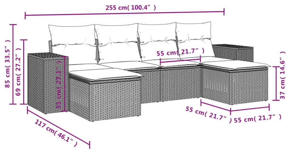 Set Divano da Giardino 6 pz con Cuscini Grigio in Polyrattan