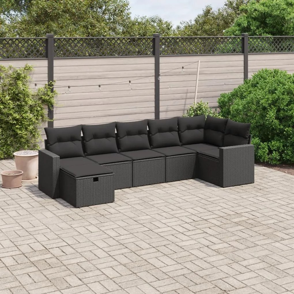 Set divani da giardino con cuscini 7pz nero polyrattan