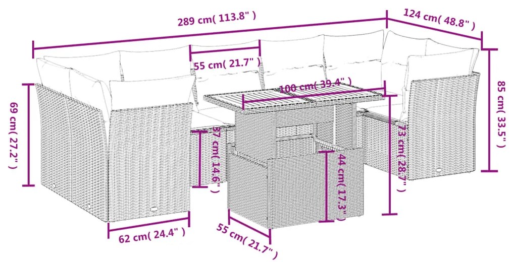 Set divano da giardino 8 pz con cuscini grigio in polyrattan