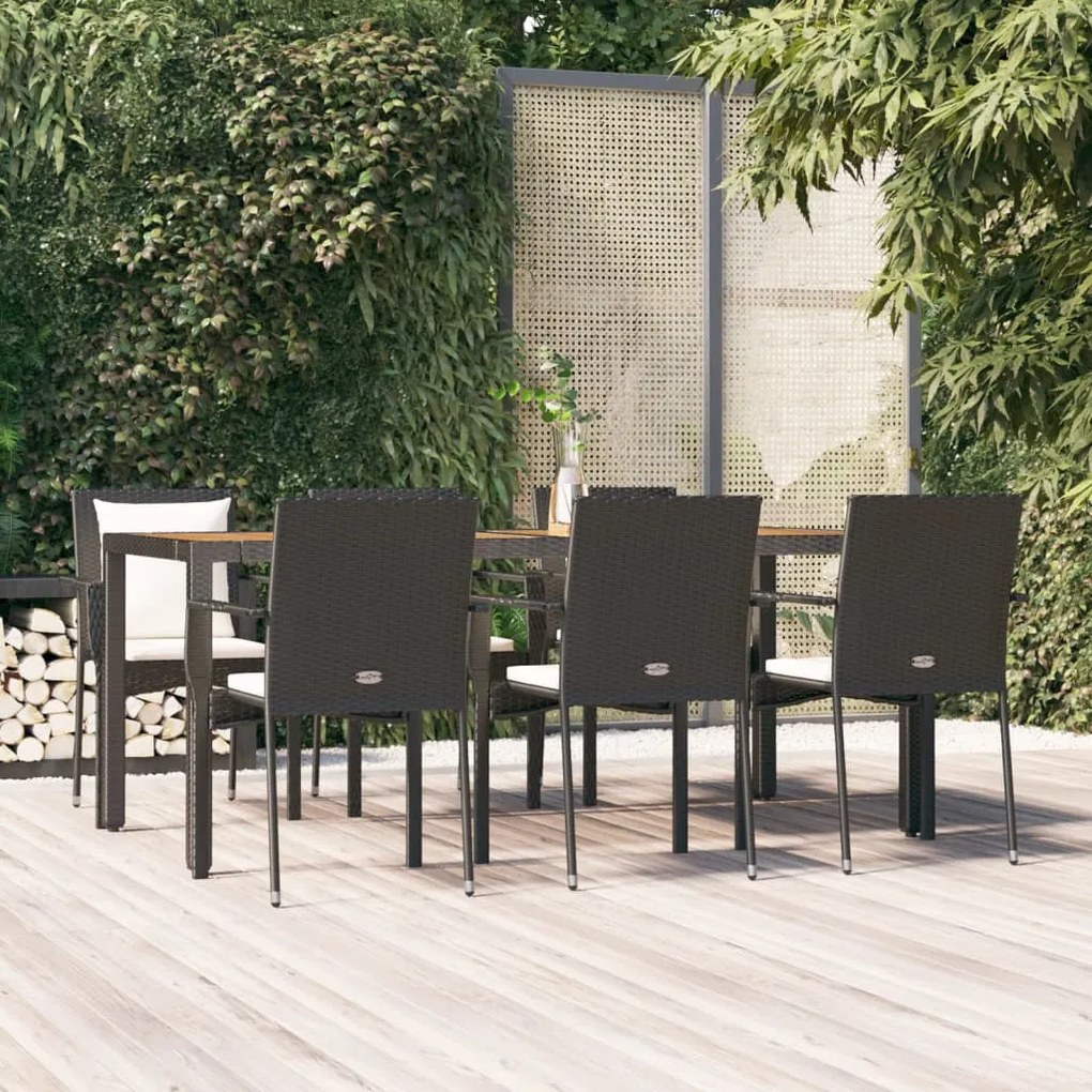 Set Da Pranzo Da Giardino 7 Pz Nero Con Cuscini İn Polyrattan /