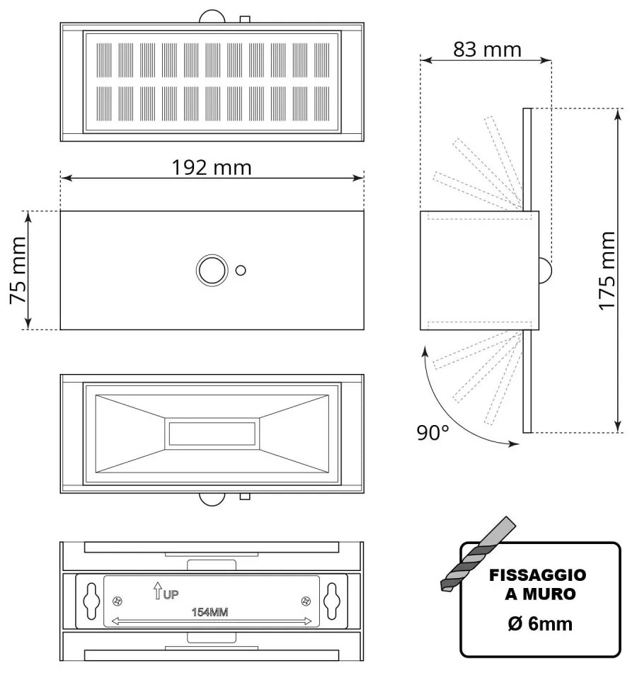 Applique LED Solare Bianca, Rettangolare, con Sensore di Movimento Colore Bianco Naturale 4.000K