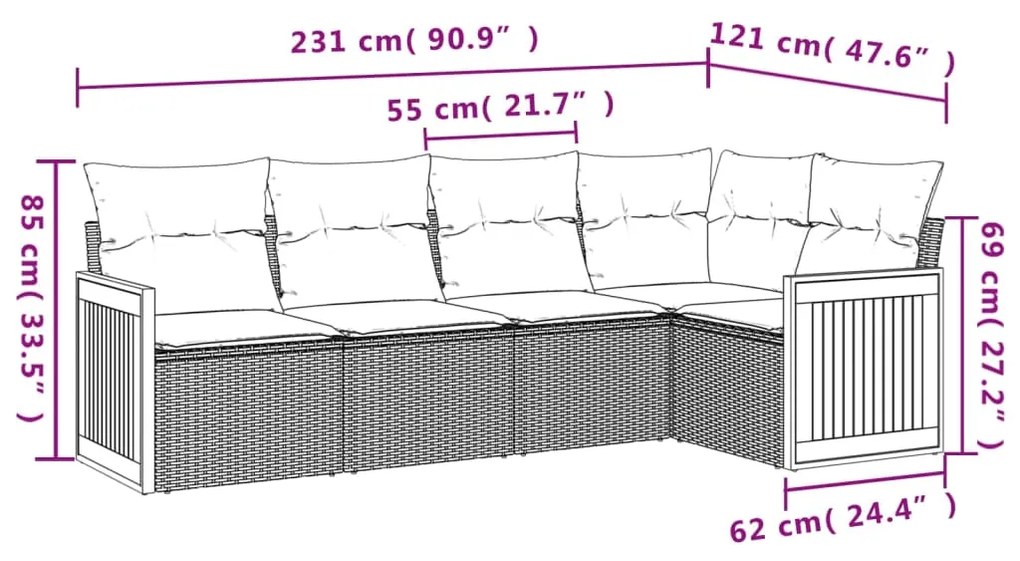 Set Divani da Giardino 5 pz con Cuscini in Polyrattan Nero