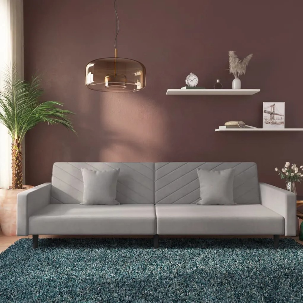 Divano Letto A 2 Posti Con 2 Cuscini Grigio Chiaro İn Velluto /