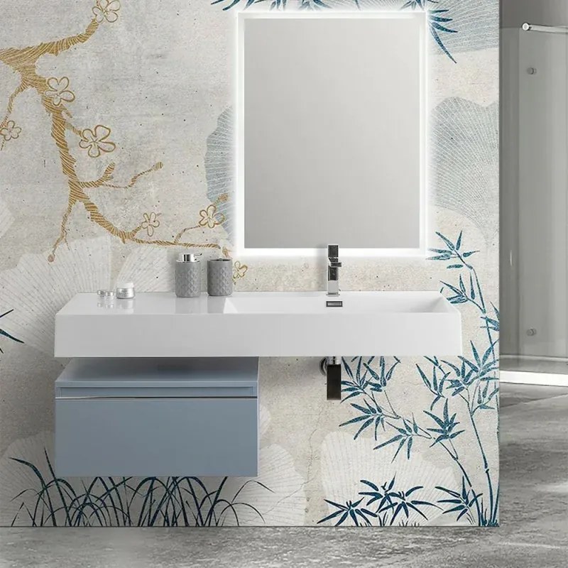 Mobile bagno sospeso 60 cm blu pastello lavabo 120 destro e specchio LED Iside