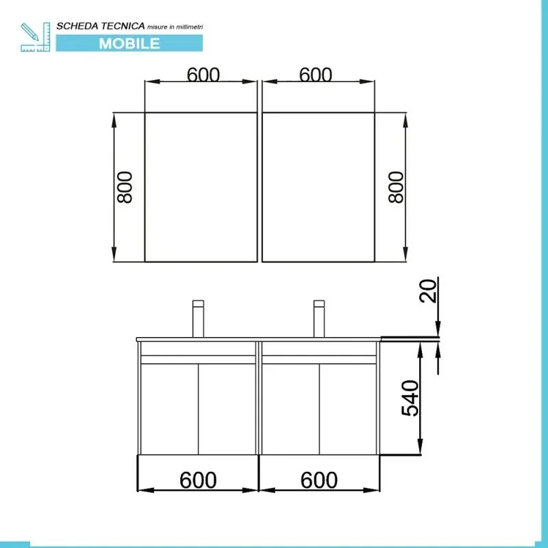 Doppio mobile da 120 cm con 4 ante, doppio lavabo e specchio Mavi grigio grafite