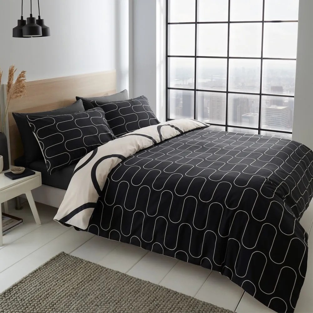 Set copripiumino e federa nero e beige per letto matrimoniale e per letto esteso 230x220 cm Linear Curve – Catherine Lansfield