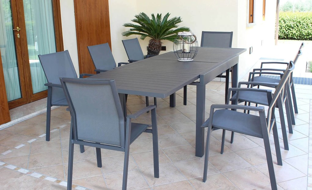 JERRI - set tavolo in alluminio cm 135/270 x 90 x 75 h con 8 poltrone Lotus