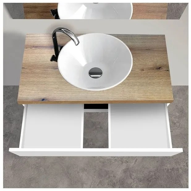 Mobile Bagno Sospeso 80 Cm Con Lavabo E Specchio Bianco Lucido Top Rovere Rio