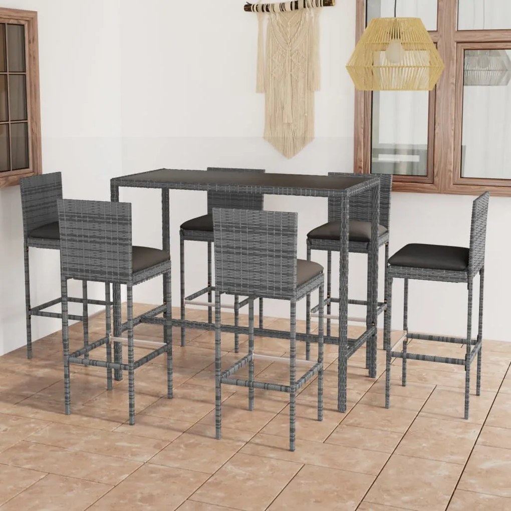 Set da bar da giardino 7 pz con cuscini in polyrattan grigio