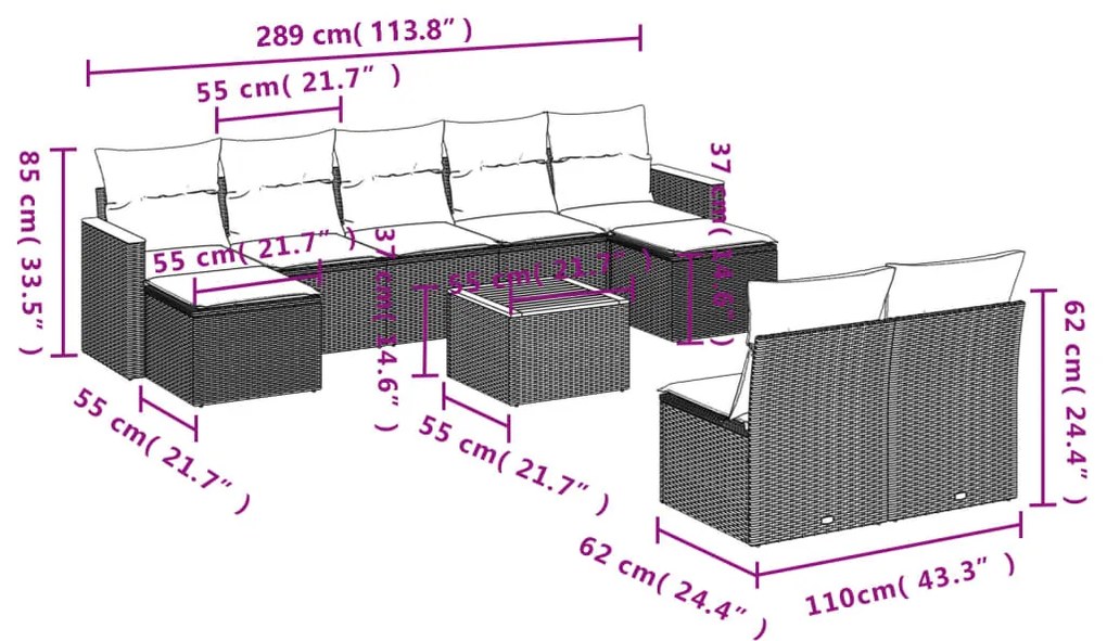 Set divani da giardino 10pz con cuscini in polyrattan nero