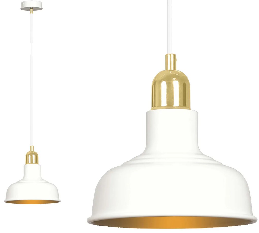 Sospensione Industrial 1 Luce Kubera In Acciaio Bianco Con Elementi In Oro