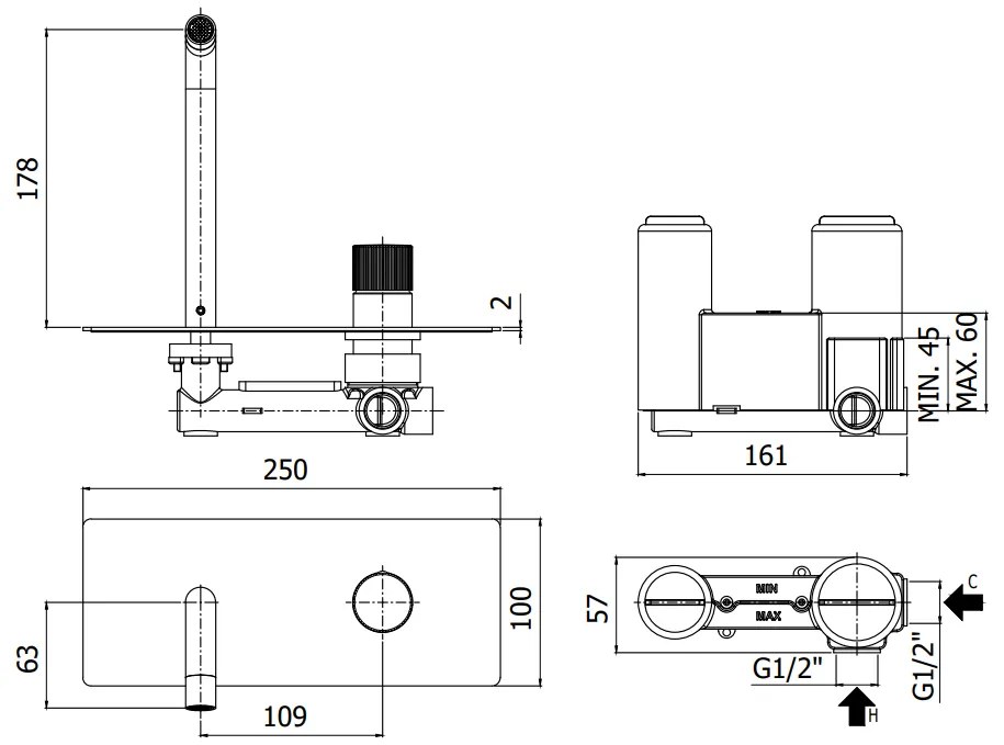 Paffoni Jo Jo104no Miscelatore lavabo Incasso 2 Fori Piastra Rettangolare E Bocca 123 Mm Nero Opaco