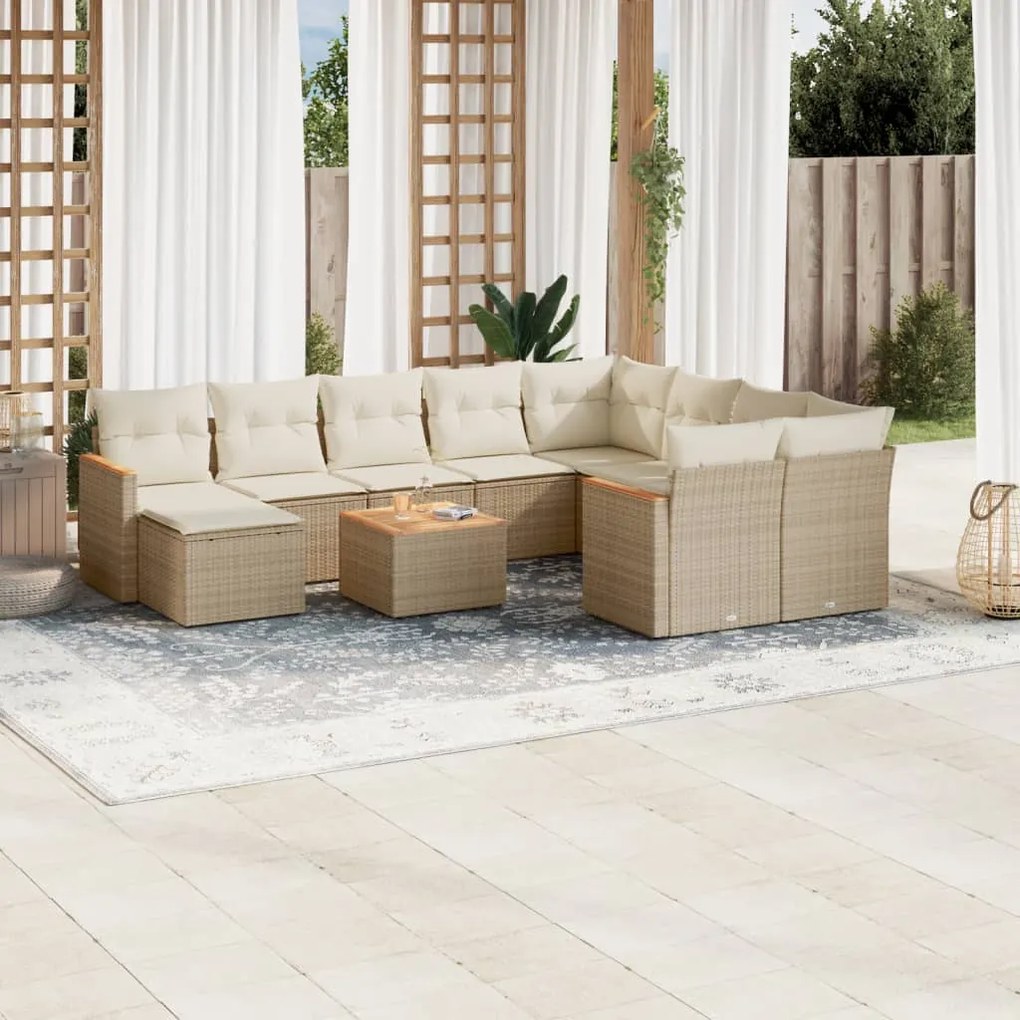 Set divani da giardino 11 pz con cuscini beige in polyrattan