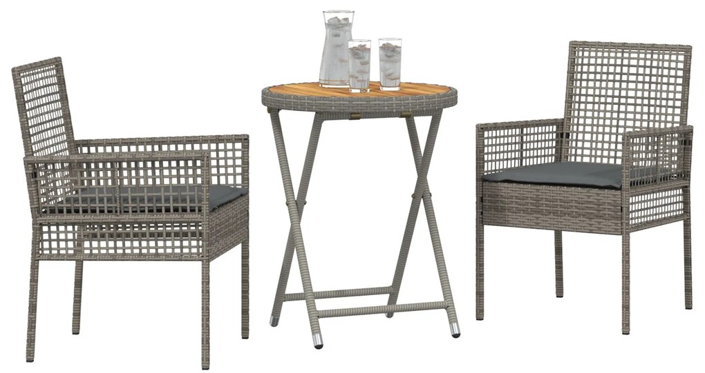 Set bistro da giardino a 3 pezzi con cuscini grigio in rattan sintetico
