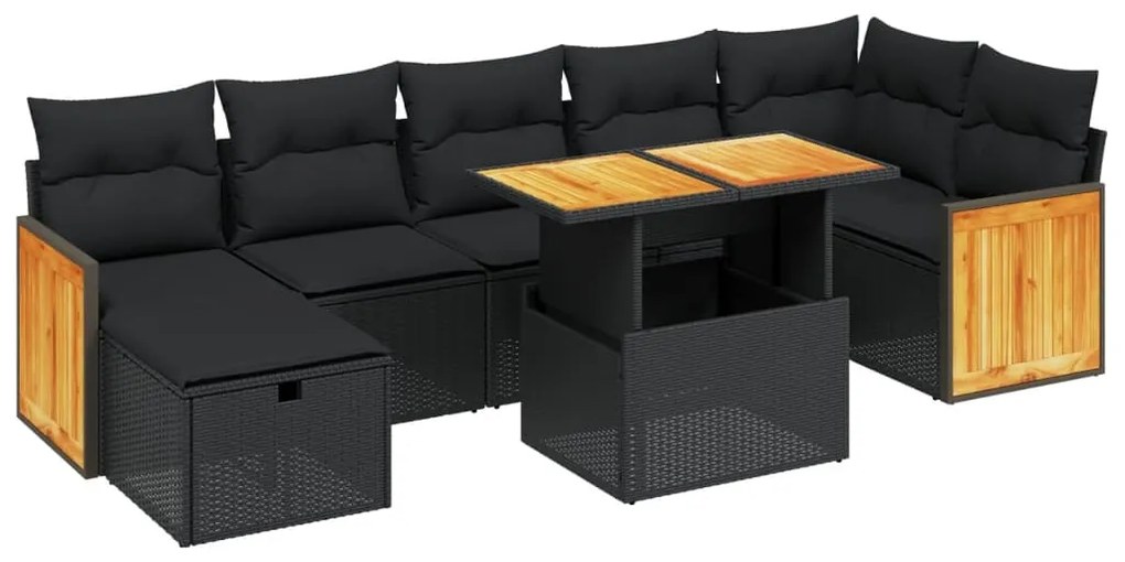 Set divani da giardino con cuscini 8 pz nero in polyrattan