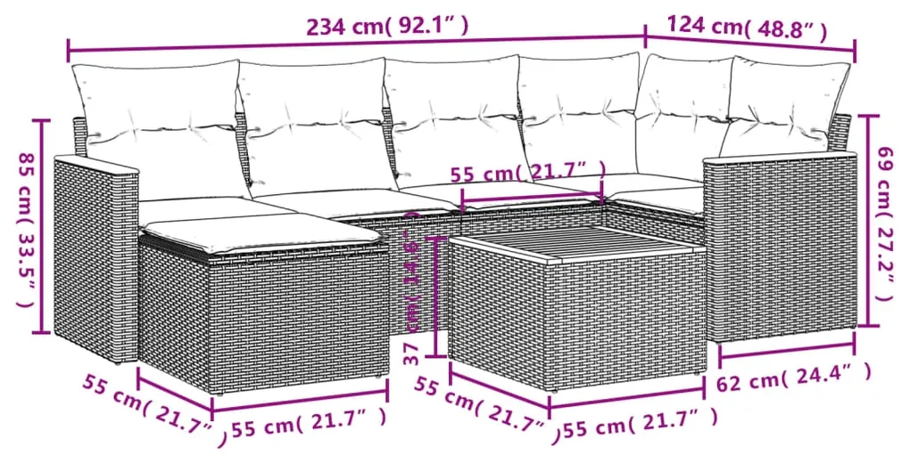Set divani da giardino 7 pz con cuscini beige in polyrattan