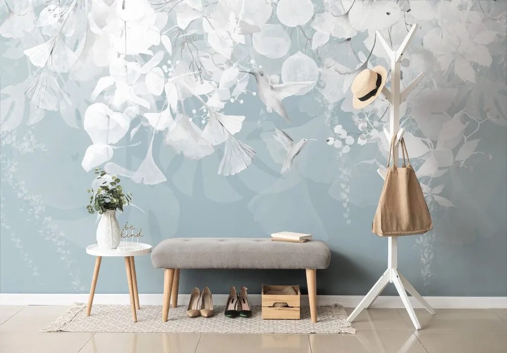 Carta da parati – Foglie con Colibrì in Blu-Grigio