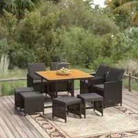 Set da Pranzo da Giardino 9 pz con Cuscini in Polyrattan Nero 3095523