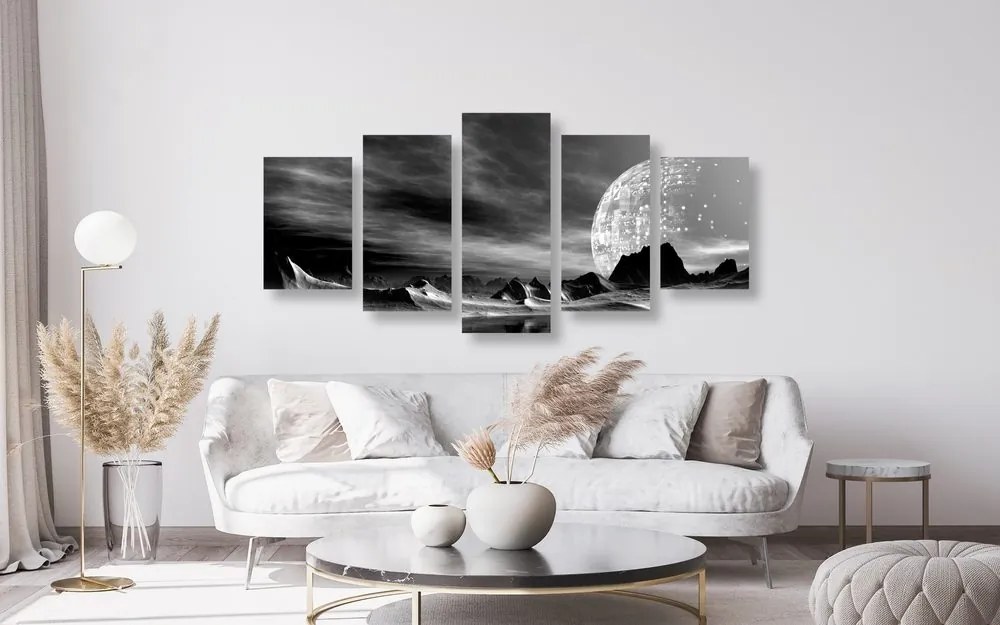 Quadri 5 pezzi – Pianeta futuristico in bianco e nero