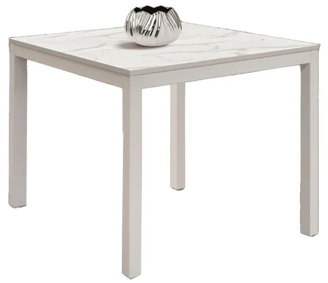 Tavolo TROPEA in legno, finitura marmo statuario e metallo verniciato bianco, allungabile 90&#215;90 cm &#8211; 180&#215;90 cm