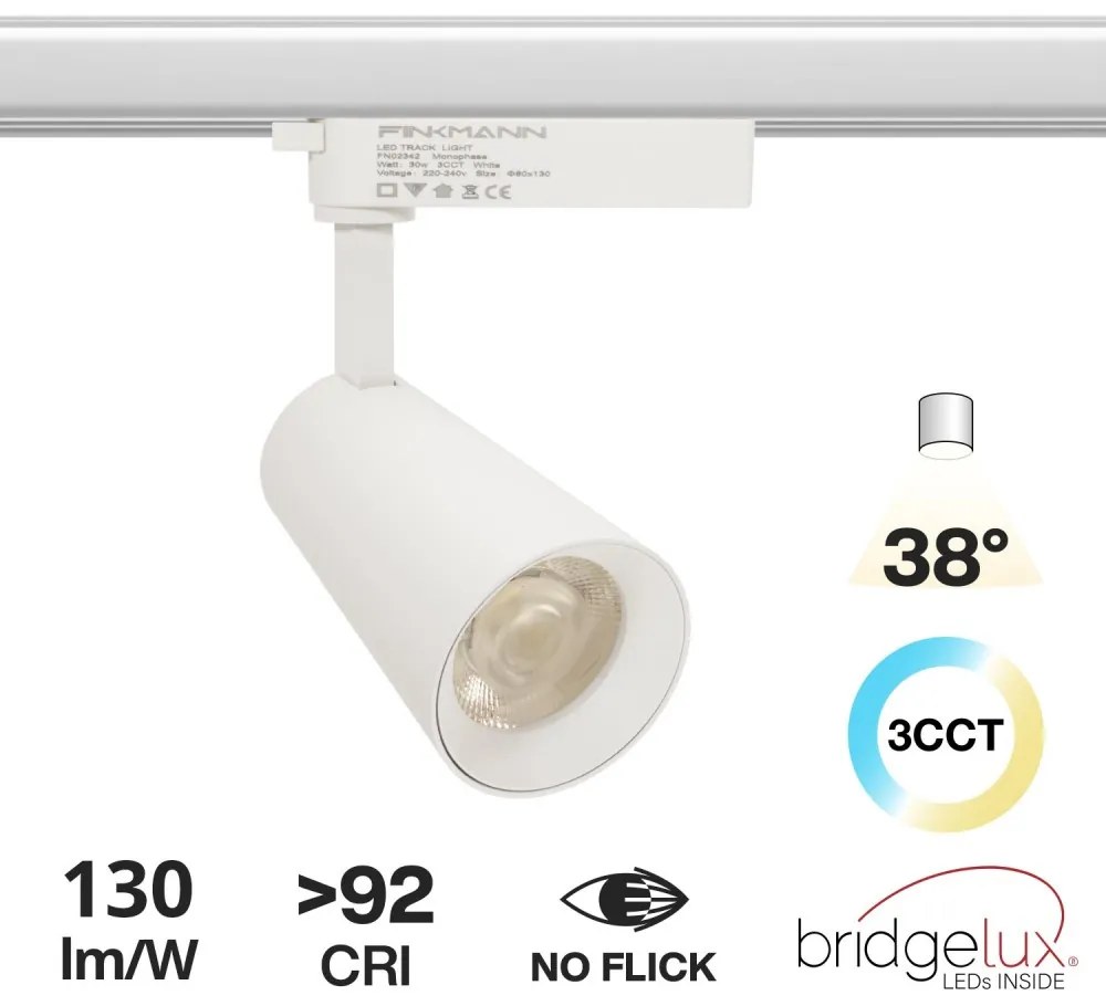 Faro LED 30W Monofase 38°, Bianco Variabile CCT CRI92 - Bridgelux LED Colore Bianco Variabile CCT