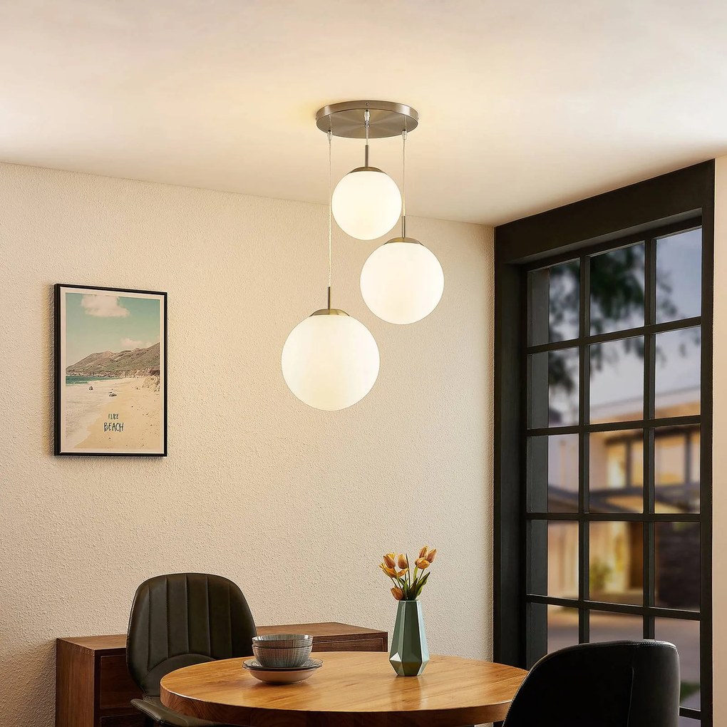 Lampada a sospensione in vetro Heleska Lindby, dimmerabile, Bianco / Opale, Soggiorno / Sala da pranzo, Metallo, Moderno, Lampada a sospensione
