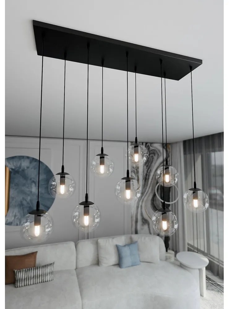Lampadario a Sospensione in Acciaio e Vetro COSMO 9 Nero 9xE14 Colore delle Sfere Trasparente