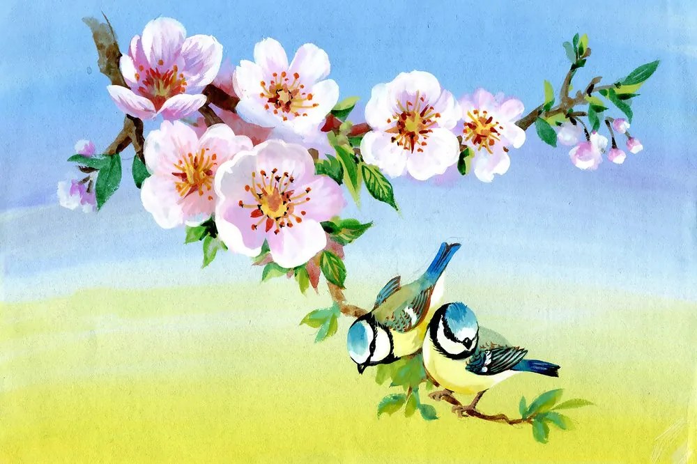 Carta da parati – Cinciallegre e fiori in fiore