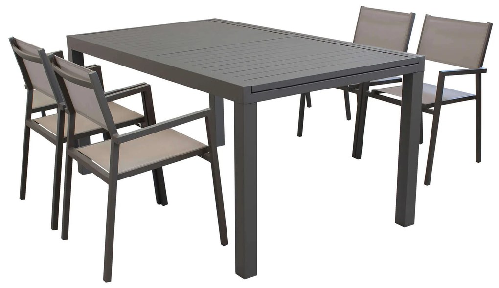 DEXTER - set tavolo in alluminio cm 160/240 x 90 x 75 h con 4 poltrone Aulus