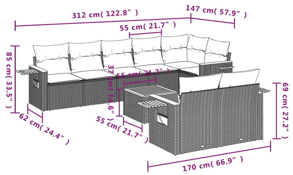 Set Divani da Giardino 9 pz con Cuscini Nero in Polyrattan