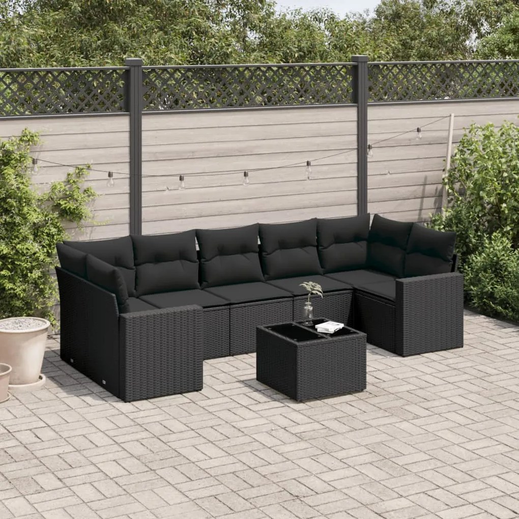 Set divani da giardino con cuscini 8 pz nero in polyrattan