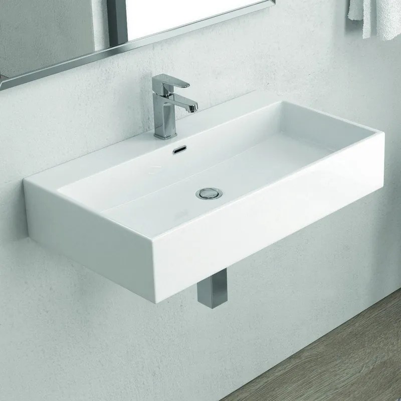 Lavabo sospeso 70 cm squadrato in ceramica bianca | Litos-DF70 - KAMALU