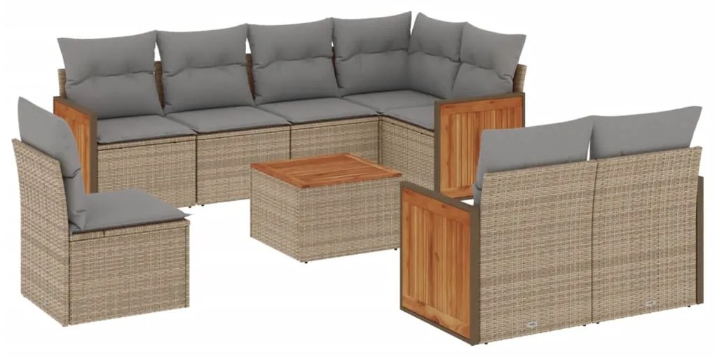 Set divano da giardino 9 pz con cuscini beige in polyrattan