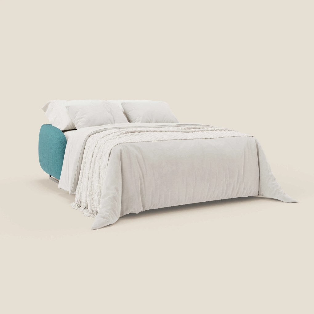 Ninfea divano letto Design Morbido con Piedini alti in Metallo e Materasso H18 cm in tessuto impermeabile T03 azzurro