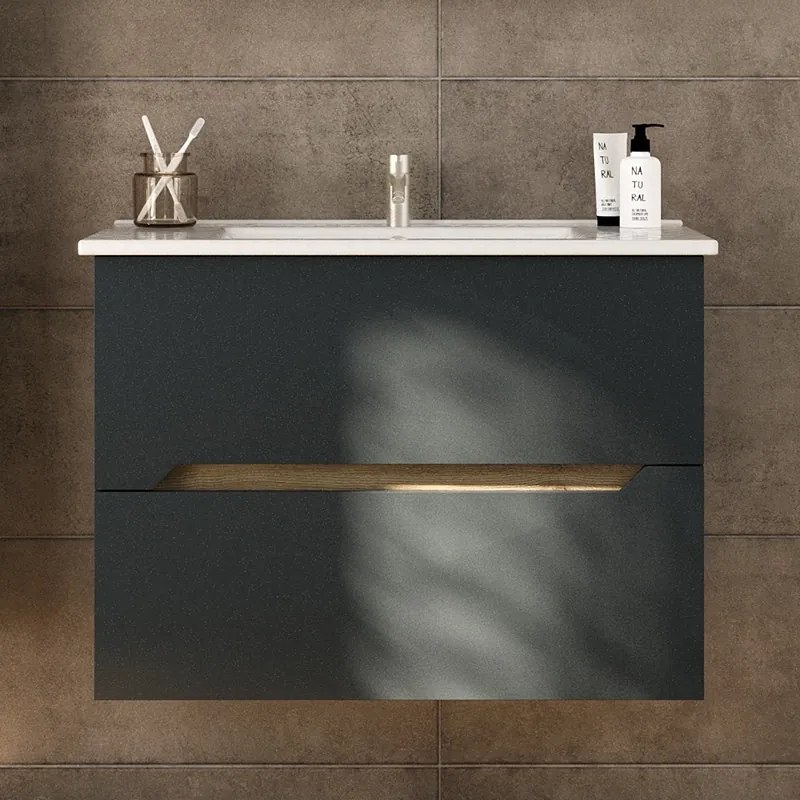 Kamalu - Mobile bagno nero grafite matt 85 cm con lavabo incasso | LAC-ARES-85