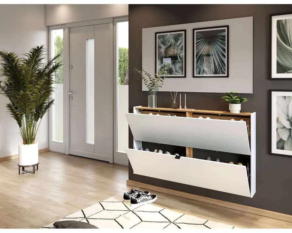 Scarpiera bianca effetto rovere con ante ribaltabili e da parete 140x83x18 cm Ameca – Germania