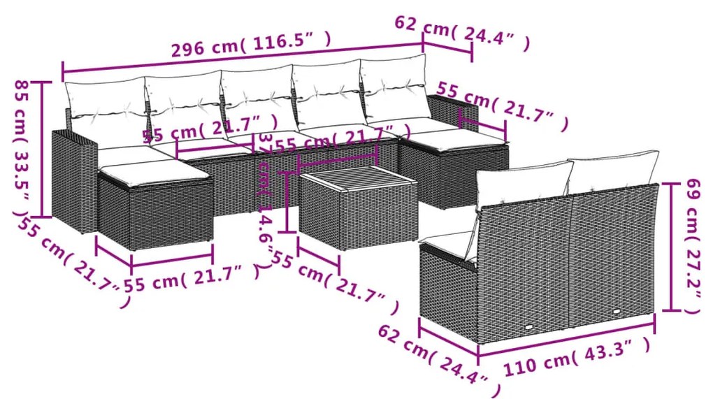 Set divani da giardino 10pz con cuscini in polyrattan nero