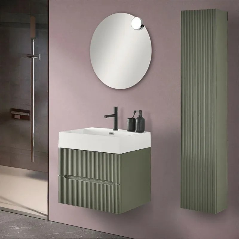 Mobiletto bagno sospeso cannettato 60 cm verde con lavabo Bali